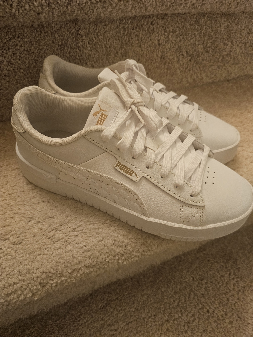 PUMA White Leather Platform Sneakers with Gold Accents